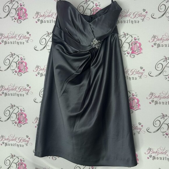 Bill levkoff dress formal Elegant Gray Strapless Dress rhinestone brooch cinch